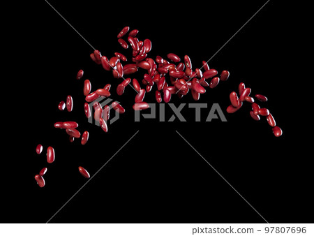Red Bean flying explosion, red grain beans explode abstract cloud fly. Beautiful complete seed pea bean splash in air, food object design. Selective focus freeze shot black background isolated Red Bean flying explosion, red grain beans explode abstract cloud fly. Beautiful complete seed pea bean splash in air, food object design. Selective focus freeze shot black background isolated 97807696