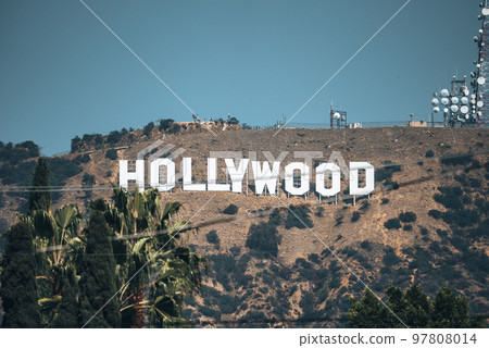 Los Angeles, USA. September 20, 2022. Scenic view of beautiful Mount Lee with facade of white Hollywood sign with clear blue sky in background during sunny day 97808014