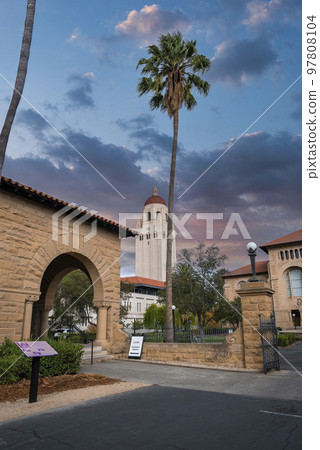 Low angle distant view of Hoover Institution Library and Archives at Stanford University campus with cloudy sky in the background at Palo Alto in California Low angle distant view of Hoover Institution Library and Archives at Stanford University campus with cloudy sky in the background at Palo Alto in California 97808104