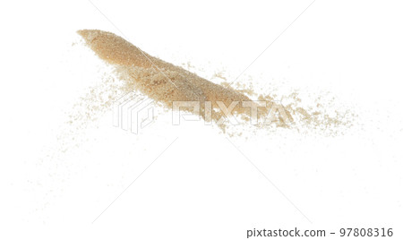 Brown Sugar flying explosion, brown grain sugar explode abstract cloud fly. Beautiful complete seed sugarcane splash in air, food object design. Selective focus freeze shot white background isolated Brown Sugar flying explosion, brown grain sugar explode abstract cloud fly. Beautiful complete seed sugarcane splash in air, food object design. Selective focus freeze shot white background isolated 97808316