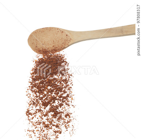 Red Hot Chilli fall, red grain chilli explode abstract cloud fly from wooden spoon. Beautiful complete seed chilly, food object design. Selective focus freeze shot white background isolated Red Hot Chilli fall, red grain chilli explode abstract cloud fly from wooden spoon. Beautiful complete seed chilly, food object design. Selective focus freeze shot white background isolated 97808317