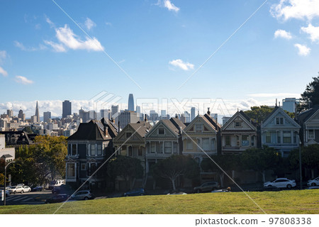 San Francisco, USA. September 20, 2022. View of historic Painted Ladies Houses in a row with blue sky in the background during summer at Alamo Square in California 97808338