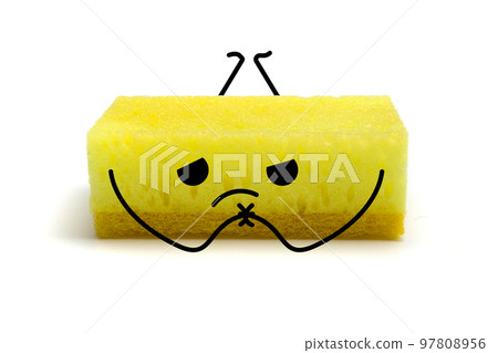 Real life doodle of yellow sponge sad lying down and arms crossed, illustration 97808956