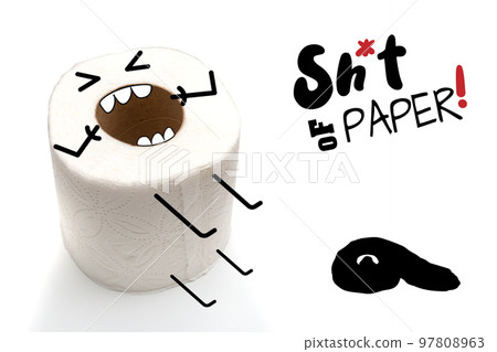 Real life doodle of toilet paper roll on white background, funny cartoon character 97808963
