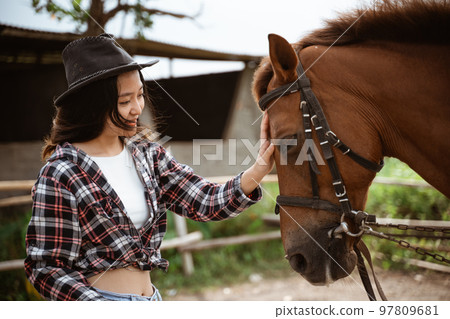 woman in cowboy hat stroking the head of a horse woman in cowboy hat stroking the head of a horse 97809681