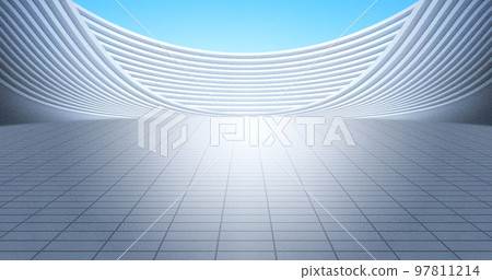 現代銀色彎曲建築與地面,有著明亮的天空背景. 現代銀色彎曲建築與地面,有著明亮的天空背景. 97811214