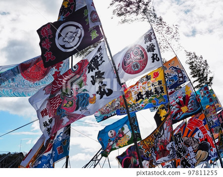 Scenery of Murotsu fishing port on New Year's Day 2022 Big catch flag Scenery of Murotsu fishing port on New Year's Day 2022 Big catch flag 97811255