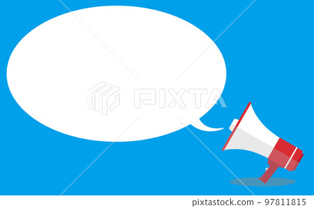 藍色背景上的漫畫風格矢量插圖，帶有從揚聲器擴音器中吹出的公告消息 97811815