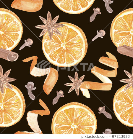 Seamless orange and spices pattern. Orange peel Seamless orange and spices pattern. Orange peel 97813923