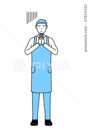 一個繫著圍裙的男人雙手合十放在身前道歉 97814102