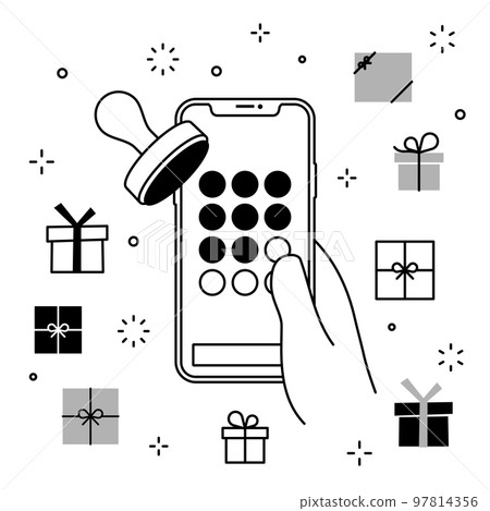 Smartphone members app stamp card gift icon set in hand Smartphone members app stamp card gift icon set in hand 97814356
