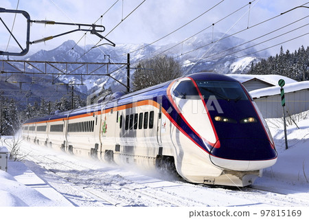 Yamagata Shinkansen and Azuma mountain range over Itaya Pass in winter Yamagata Shinkansen and Azuma mountain range over Itaya Pass in winter 97815169