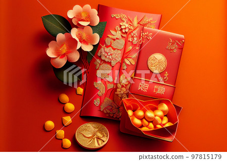 Chinese New Year Red envelopes, gold ingots, oranges, and Chinese blossom flowers on red background Chinese New Year Red envelopes, gold ingots, oranges, and Chinese blossom flowers on red background 97815179