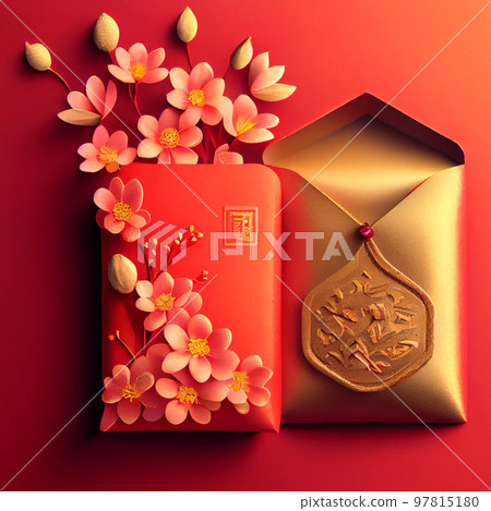 Chinese New Year Red envelopes, gold ingots, oranges, and Chinese blossom flowers on red background Chinese New Year Red envelopes, gold ingots, oranges, and Chinese blossom flowers on red background 97815180