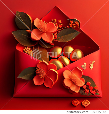 Chinese New Year Red envelopes, gold ingots, oranges, and Chinese blossom flowers on red background 97815183