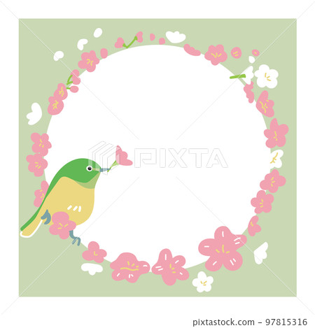 Sakura flowers and Japanese white-eye illustration material fringed in a circular shape 97815316