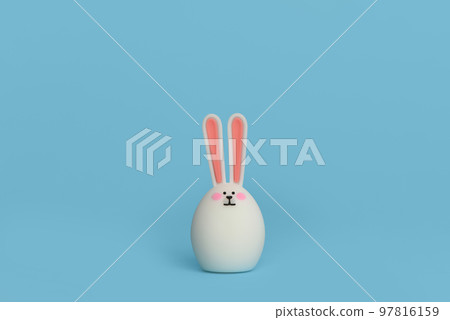 White toy rabbit with pink ears isolated on blue background. Copy space. White toy rabbit with pink ears isolated on blue background. Copy space. 97816159