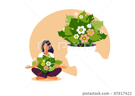 Woman sits on the floor and meditates with closed eyes. Concept of love yourself and a healthy lifestyle. Girl makes yoga, relaxes at home or breathing exercises. Vector illustration. 97817422