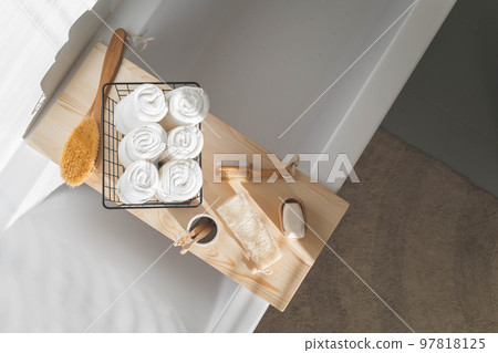 Bathroom domestic spa procedure body care tools arrangement minimal ecology space organization 97818125