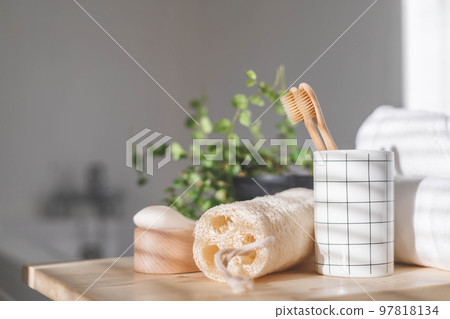 Bathroom domestic spa procedure body care tools arrangement minimal ecology space organization 97818134