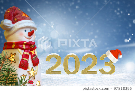 New Year 2023 greeting card on snowy background 97818396