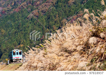A Tarumi Railway train arriving at Susuki Mizucho Station fluttering in the wind 97818937