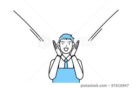 A man wearing an apron who calls by putting his hand on his mouth A man wearing an apron who calls by putting his hand on his mouth 97818947