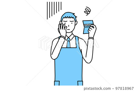 A man wearing an apron who is depressed looking at his bankbook 97818967