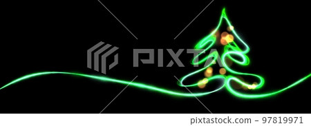 Green Christmas tree glowing line, bokeh black background. Isolated light shining abstract fir-tree. Neon lamp. Modern fluorescent object. Luminescent illumination. Green Christmas tree glowing line, bokeh black background. Isolated light shining abstract fir-tree. Neon lamp. Modern fluorescent object. Luminescent illumination. 97819971
