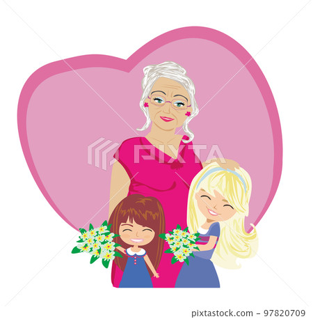 Happy Grandmas Day - happy grandmother hugs her granddaughters 97820709
