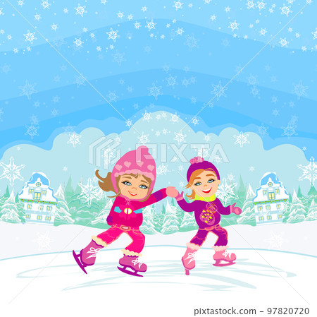 happy children ice skating on a winter day happy children ice skating on a winter day 97820720