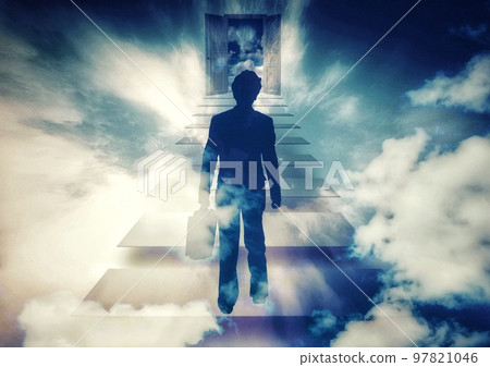 3d illustration of businessman aiming at open door 97821046