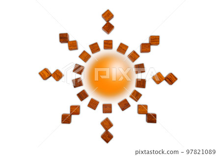 A material with a light in the center of a frame of red wood cubes in the shape of the sun 97821089