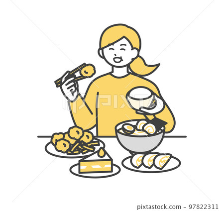 Illustration material of a woman who eats and drinks 97822311
