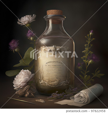 Vintage Background with a Potion Bottle and Flowers Vintage Background with a Potion Bottle and Flowers 97822458