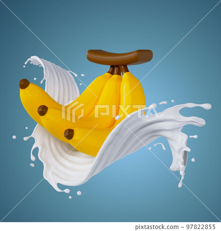 banana bunch milk splashes isolated on background. 3D render illustration 97822855