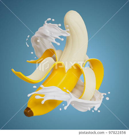 peeled bananas splashes milk isolated on background. 3D render illustration peeled bananas splashes milk isolated on background. 3D render illustration 97822856