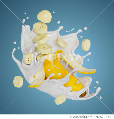 sliced banana splashes milk isolated on background. 3D render illustration sliced banana splashes milk isolated on background. 3D render illustration 97822859
