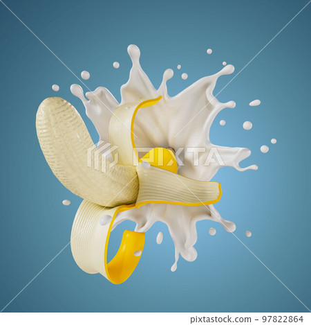 peeled bananas splashes milk isolated on background. 3D render illustration peeled bananas splashes milk isolated on background. 3D render illustration 97822864