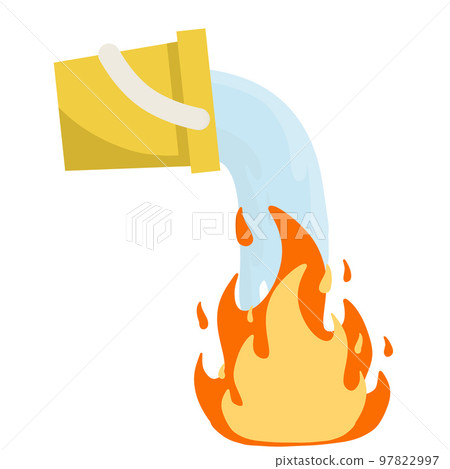 Bucket pours water on fire. Firefighting and spilling with spray. 97822997