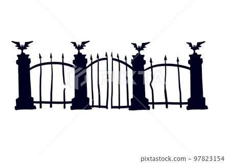 Old fence of cemetery. Halloween decoration. Black silhouette of gloomy wall. 97823154