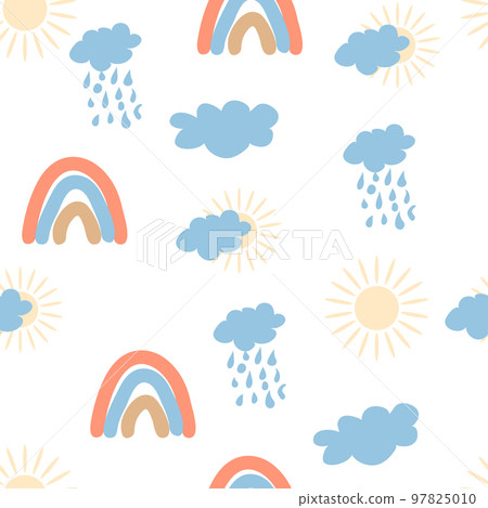 Rainbow seamless pattern in pastel colors. Scandinavian baby hand drawn illustration perfect for textiles Rainbow seamless pattern in pastel colors. Scandinavian baby hand drawn illustration perfect for textiles 97825010