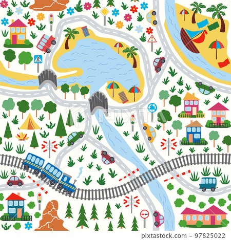 Detailed children's map of the city. Cars, buses and trains, houses and roads, river, forest and city seamless childish pattern 97825022