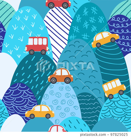 Cute cars, hills baby Seamless pattern. childish prints for fabric, textile, wrapping paper, apparel, nursery. Cute cars, hills baby Seamless pattern. childish prints for fabric, textile, wrapping paper, apparel, nursery. 97825025