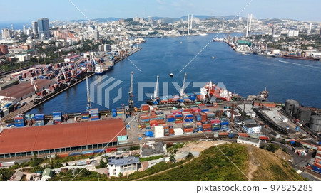 Top view. Vladivostok Commercial Sea Port. Industrial port with containers in Vladivostok. Top view. Vladivostok Commercial Sea Port. Industrial port with containers in Vladivostok. 97825285