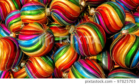 Colorful Christmas tree ornaments baubles. holidays background 97825703