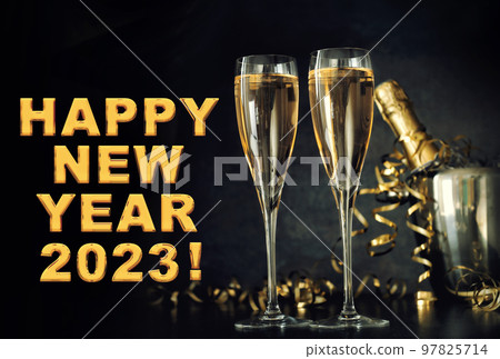 Happy New Year 2023 Champagne with two glasses 97825714