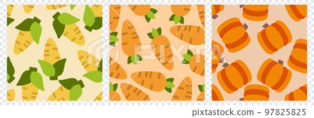 Vegetable seamless pattern set. Carrot, corn and pumpkin. Design elements for baby textile or clothes. Food print for curtain. Vector illustration Vegetable seamless pattern set. Carrot, corn and pumpkin. Design elements for baby textile or clothes. Food print for curtain. Vector illustration 97825825
