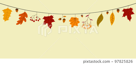 Hello Autumn concept colorful leaves. Autumn leaves decoration garland. Autumn leaves banner for seasonal promotion. Vector illustration Hello Autumn concept colorful leaves. Autumn leaves decoration garland. Autumn leaves banner for seasonal promotion. Vector illustration 97825826