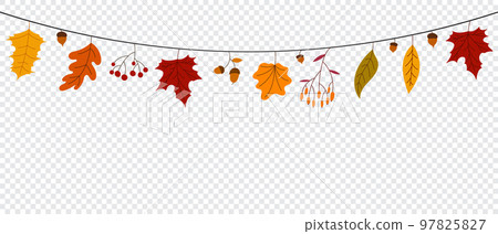 Hello Autumn concept colorful leaves. Autumn leaves decoration garland. Autumn leaves banner for seasonal promotion. Vector illustration Hello Autumn concept colorful leaves. Autumn leaves decoration garland. Autumn leaves banner for seasonal promotion. Vector illustration 97825827